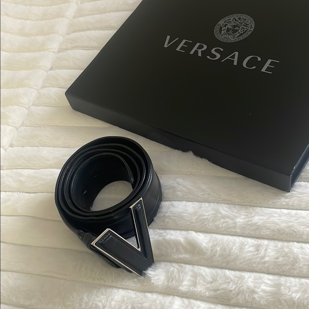 Versace Black Leather Belt with Silver V Buckle